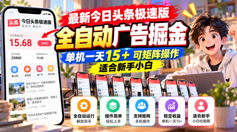 最新今日头条极速版全自动广告掘金，单机一天15+可矩阵操作适合新手小白-创薯资源