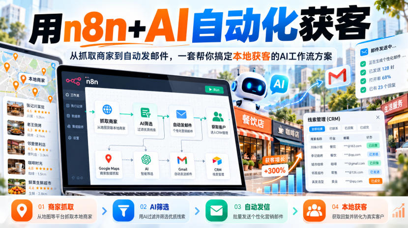 【无水印】用n8n+AI自动化获客，从抓取商家到自动发邮件，一套帮你搞定本地获客的AI工作流方案【原创双语字幕】-创薯资源