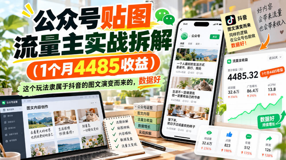 公众号贴图流量主实战拆解(1个月4485收益)，这个玩法隶属于抖音的图文演变而来的，数据好-创薯资源