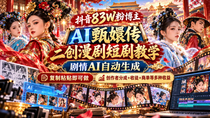 抖音83W粉博主AI甄嬛传二创漫剧短剧教学｜剧情AI自动生成，复制粘贴即可做，各大平台创作者分成+收徒等多种收益-创薯资源