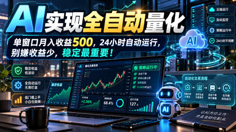 AI实现全自动量化，单窗口月入收益500，24小时自动运行，别嫌收益少，稳定最重要！【揭秘】-创薯资源