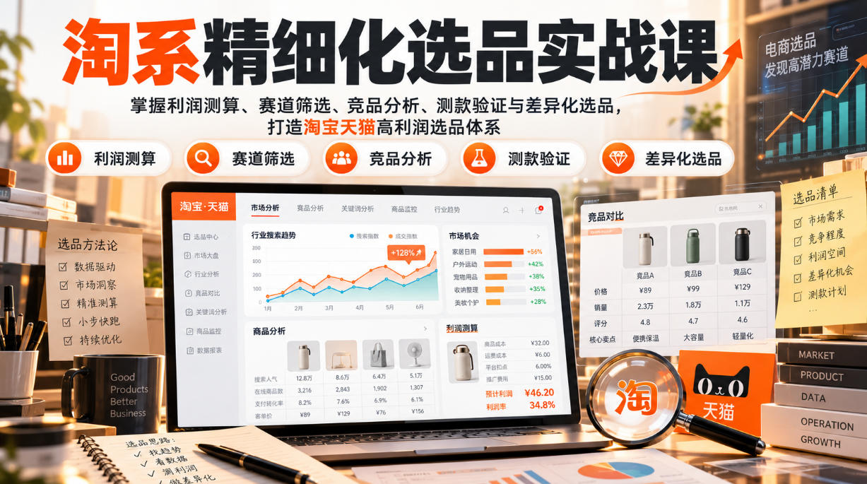 货架电商精细化选品实战课：掌握利润测算、赛道筛选、竞品分析、测款验证与差异化选品，打造淘宝天猫高利润选品体系-创薯资源