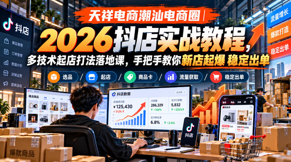 天祥电商潮汕电商圈｜2026抖店实战教程，多技术起店打法落地课，手把手教你新店起爆稳定出单-创薯资源