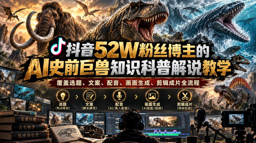 抖音52W粉丝博主的AI史前巨兽知识科普解说教学，覆盖选题、文案、配音、画面生成、剪辑成片全流程-创薯资源