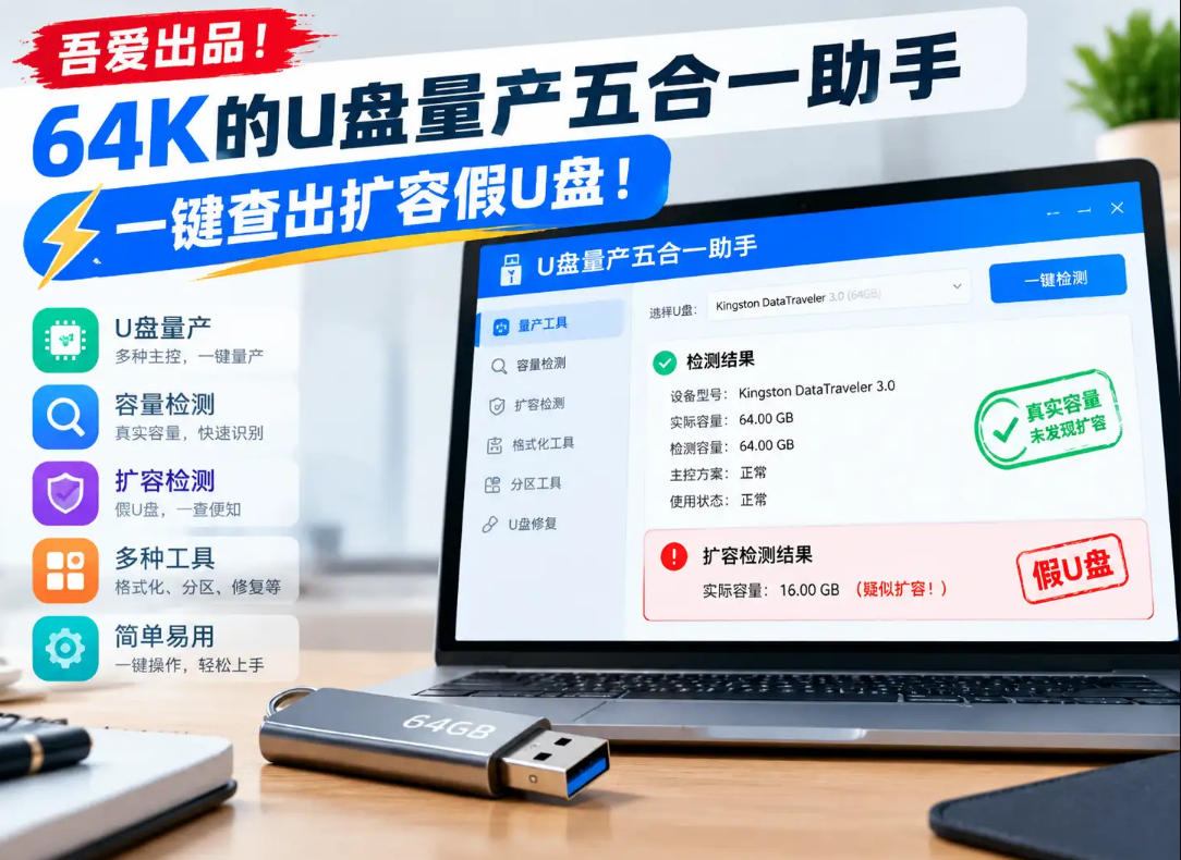 吾爱出品！64K的U盘量产五合一助手，一键查出扩容假U盘！-创薯资源