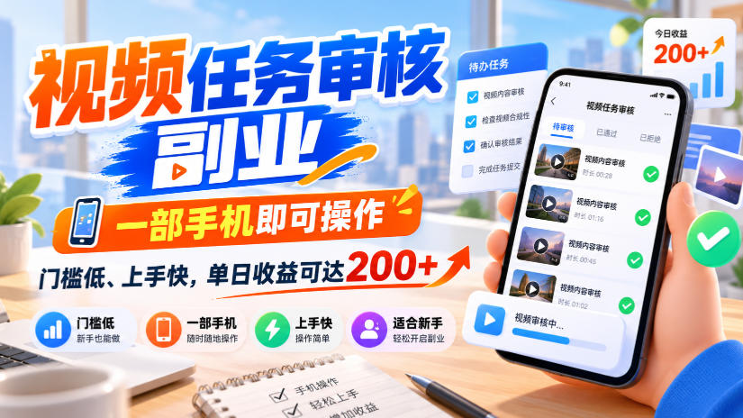 视频任务审核副业，一部手机即可操作，门槛低、上手快，单日收益可达200+【揭秘】-创薯资源