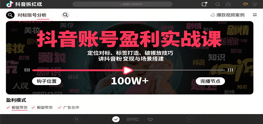 抖音账号盈利实战课，定位对标、标签打造、破播放技巧，讲涨粉变现与场景搭建-创薯资源