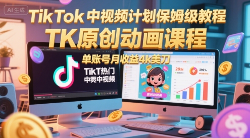 TikTok中视频计划保姆级教程，TK原创动画课程，单账号月收益4k美刀-创薯资源