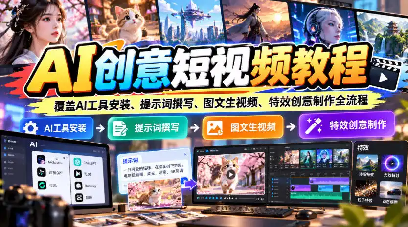 AI创意短视频教程，覆盖AI工具安装、提示词撰写、图文生视频、特效创意制作全流程-创薯资源