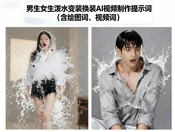 男生女生泼水变装换装AI视频制作提示词(含绘图词、视频词)-创薯资源