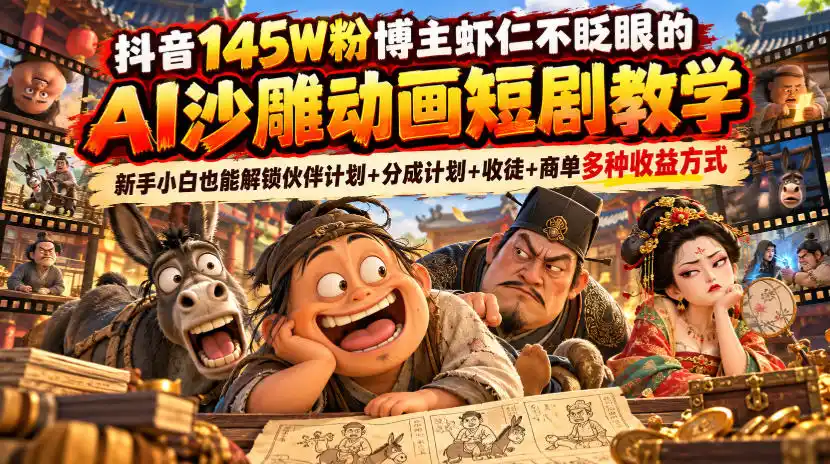 抖音145W粉博主虾仁不眨眼的AI沙雕动画短剧教学，新手小白也能解锁伙伴计划+分成计划+收徒+商单多种收益方式-创薯资源