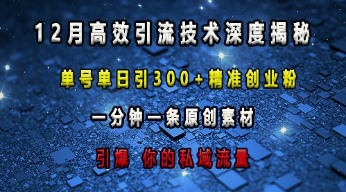 最新高效引流技术深度揭秘 ，单号单日引300+精准创业粉，一分钟一条原创素材，引爆你的私域流量-创薯资源