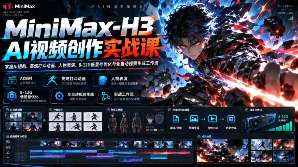 MiniMax-H3 AI视频创作实战课，掌握AI短剧、高燃打斗动画、人物表演、8-12G低显存优化与全自动视频生成工作流-创薯资源