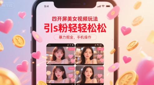 四开屏美女视频玩法，引s粉轻轻松松，暴力掘金，手机操作【揭秘】-创薯资源