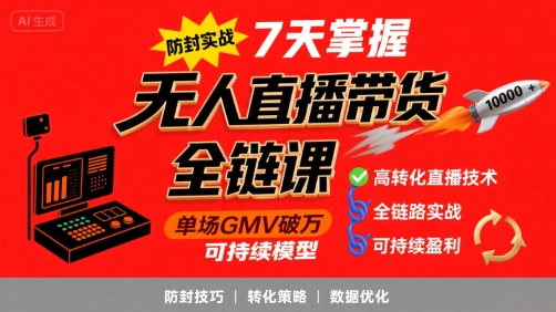 无人直播带货全链防封实战课，7天掌握高转化直播技术，实现单场GMV破万可持续模型-创薯资源