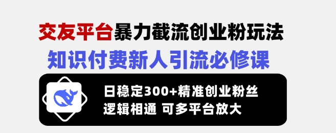 交友平台暴力截流创业粉玩法，知识付费新人引流必修课，日稳定300+精准创业粉丝，逻辑相通可多平台放大-创薯资源