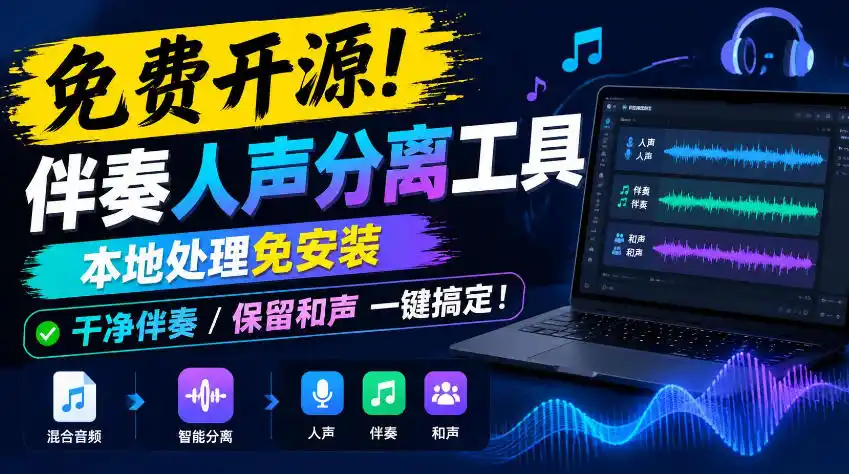 免费开源！伴奏人声分离工具，本地处理免安装，干净伴奏，保留和声一键搞定！-创薯资源