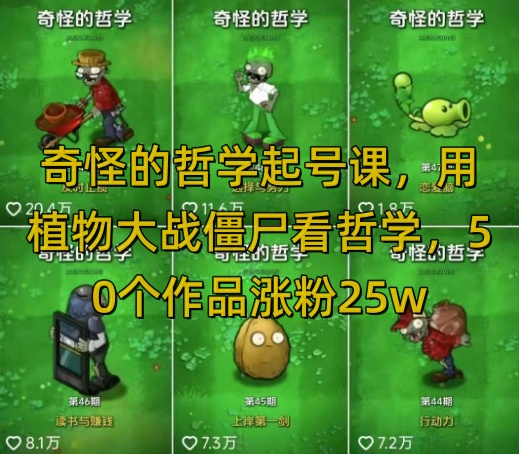 奇怪的哲学起号课，用植物大战僵尸看哲学，50个作品涨粉25w，暴力撸收益，全平台均可发布-创薯资源