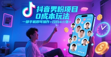 抖音男粉项目0成本玩法，一部手机即可操作，日均4张+，时间自由-创薯资源