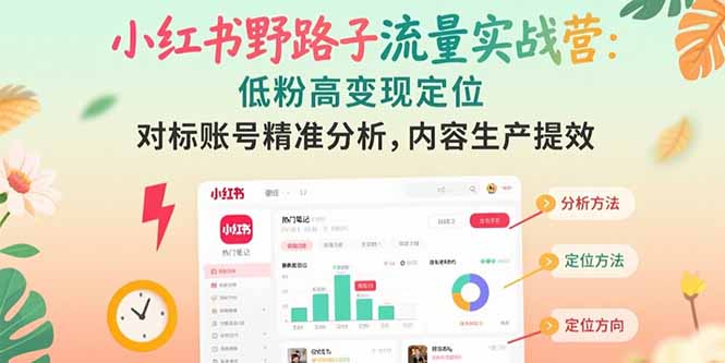 小红书野路子流量实战营：低粉高变现定位 对标账号精准分析 内容生产提效-创薯资源