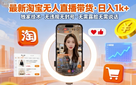 最新淘宝无人直播带货，日入1k+，独家技术，无违规无封号，无需露脸无需说话【揭秘】-创薯资源