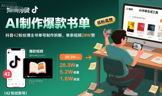 AI制作爆款书单，抖音42粉丝博主书单号制作拆解，单条视频28W赞-创薯资源
