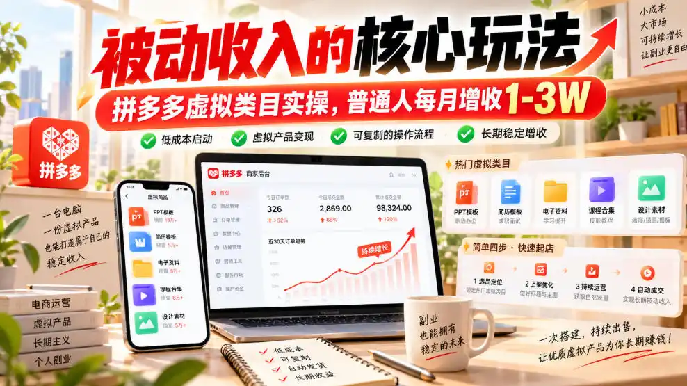 被动收入的核心玩法，拼多多虚拟类目实操，普通人每月增收1-3W【揭秘】-创薯资源