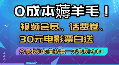 0成本薅羊毛!视频会员、话费卷、30元电影票白送，分享我如何靠转卖一天变现5张+【揭秘】-创薯资源