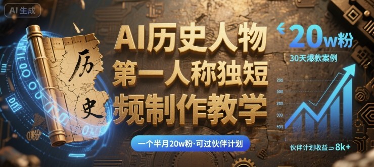 最新AI历史人物第一人称独白短视频制作教学，一个半月20w粉，可过伙伴计划-创薯资源