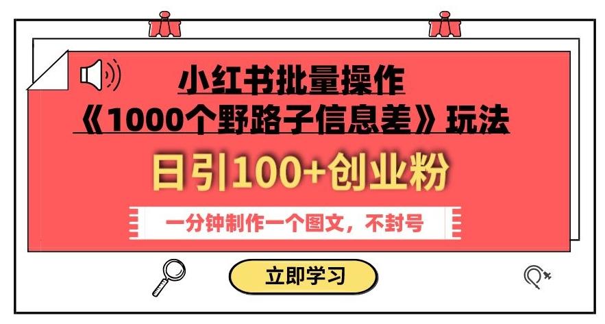 小红书批量操作《1000个野路子信息差》玩法，一分钟制作一个图文，不封号，日引100+创业粉-创薯资源