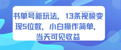 书单号新玩法，13条视频变现5位数，小白操作简单，当天可见收益-创薯资源