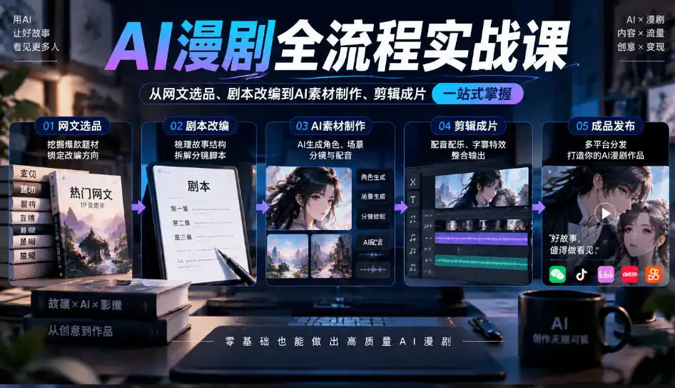 AI漫剧全流程实战课，覆盖从网文选品、剧本改编到AI素材制作、剪辑成片的完整链路-创薯资源