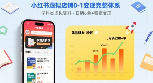 小红书虚拟店铺0-1变现完整体系：卖学科类虚拟资料，一天6张+，很稳定【已完结】-创薯资源