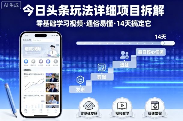 今日头条玩法详细项目拆解，零基础学习视频 通俗易懂 14天搞定它-创薯资源