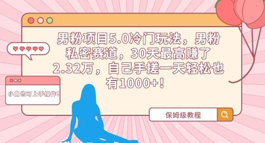 男粉项目5.0冷门玩法，男粉私密赛道，30天最高赚了2.32万，自己手搓一天轻松也有1000+【揭秘】-创薯资源