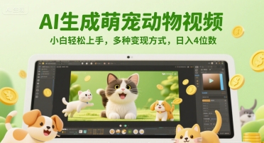 AI生成萌宠动物视频，小白轻松上手，多种变现方式，日入4位数-创薯资源