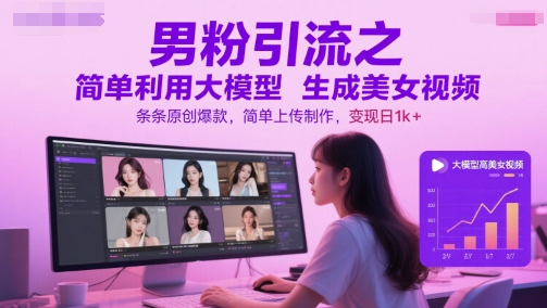 男粉引流之简单利用大模型生成美女视频，条条原创爆款，简单上传制作，变现日1k+-创薯资源