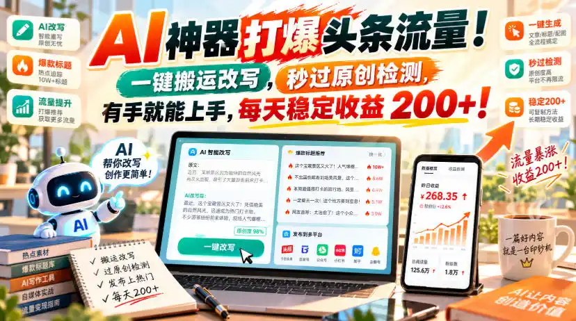 AI神器打爆头条流量，一键搬运改写，秒过原创检测，有手就能上手，每天稳定收益200+！【揭秘】-创薯资源