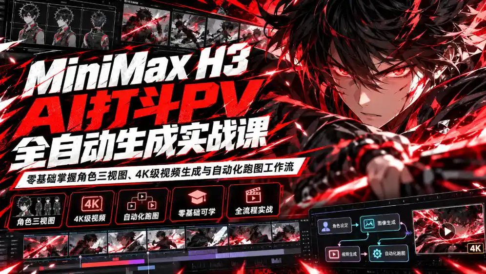 MiniMax H3 AI打斗PV全自动生成实战课：零基础掌握角色三视图、4K级视频生成与自动化跑图工作流-创薯资源