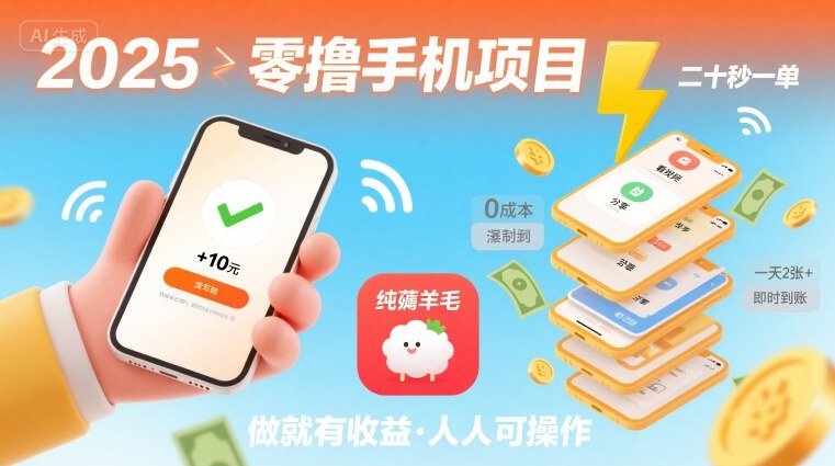 2025年零撸手机项目，二十秒一单，纯薅羊毛 一天2张+做就有-创薯资源