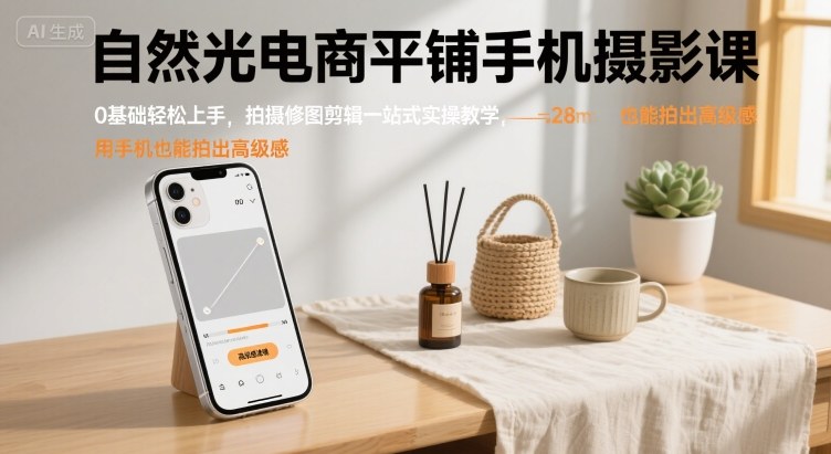 自然光电商平铺手机摄影课，0基础轻松上手，拍摄修图剪辑一站式实操教学，用手机也能拍出高级感-创薯资源