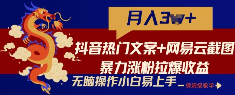 抖音热门文案+网易云截图暴力涨粉拉爆收益玩法，小白无脑操作，简单易上手【揭秘】-创薯资源