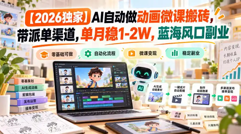 【2026独家】AI自动做动画微课搬砖，带派单渠道，单月稳1-2W，蓝海风口副业【揭秘】-创薯资源