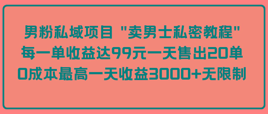 (9730期)男粉私域项目 “卖男士私密教程” 每一单收益达99元一天售出20单-创薯资源