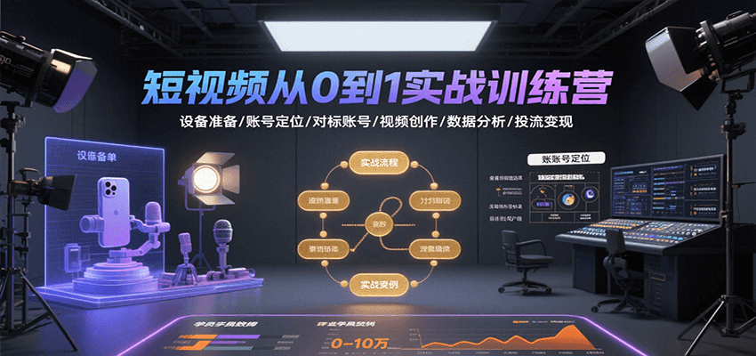 短视频从0到1实战训练营：设备准备/账号定位/对标账号/视频创作/数据分析/投流变现-创薯资源