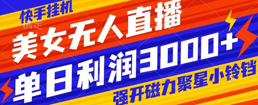快手挂机，美女无人直播，强开磁力聚星小铃铛，日入3000+-创薯资源