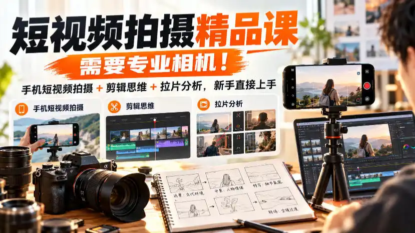 短视频拍摄精品课，需要专业相机！手机短视频拍摄+剪辑思维+拉片分析，新手直接上手-创薯资源