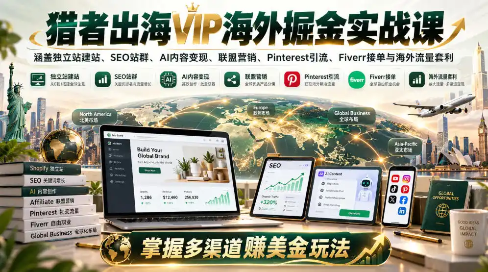 猎者出海VIP海外掘金实战课：涵盖独立站、SEO站群、AI变现、联盟营销、Pinterest引流、Fiverr接单与海外流量套利，掌握多渠道賺美金玩法-创薯资源