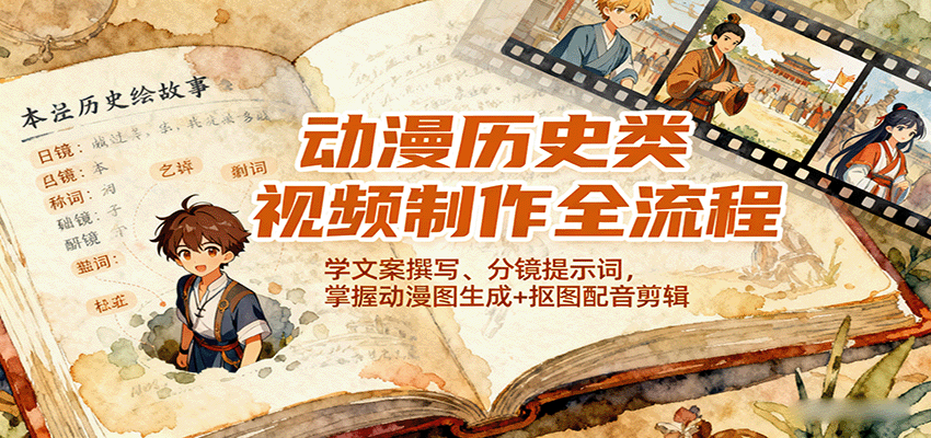 动漫历史类视频制作全流程，学文案撰写、分镜提示词，掌握动漫图生成+抠图配音剪辑-创薯资源