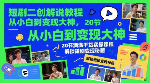 短剧二创解说教程，从小白到变现大神，20节满满干货实操课程，解锁短剧变现秘籍-创薯资源
